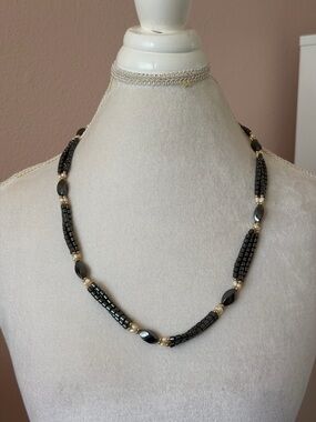 Continuous Strand Hematite & Seed Pearl Necklace – No Clasp Triple Layer
